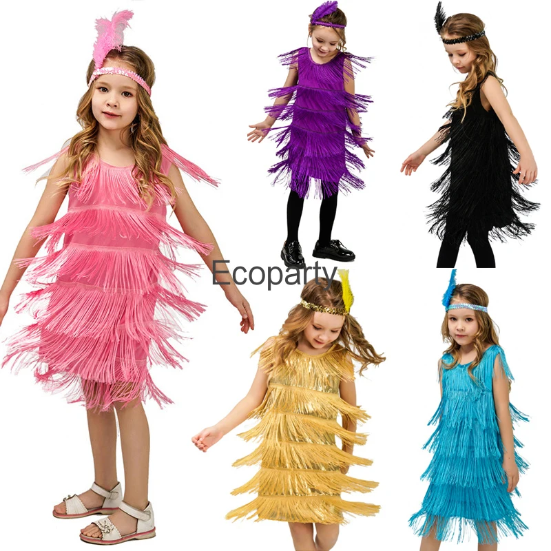 Girls 1920s Flapper Dress Kids Latin Dance Costumes Solid O-Neck Sleeveless Tassel Dress Headwear Set Halloween Party Costume