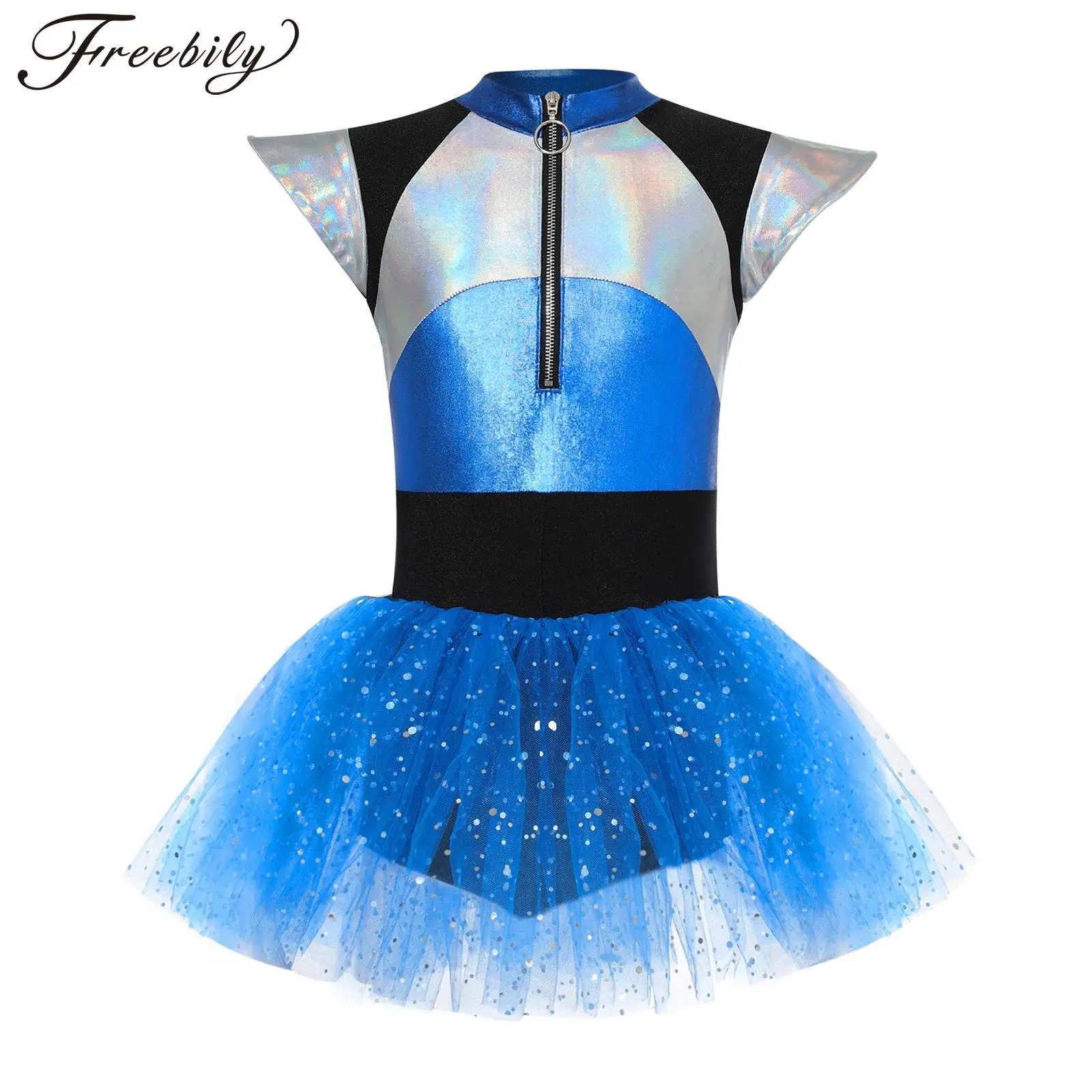 

Kids Girls Halloween Carnival Alien Cosplay Costume Cheerleading Dance Performance Clothes Short Sleeve Shiny Leotard Tutu Dress