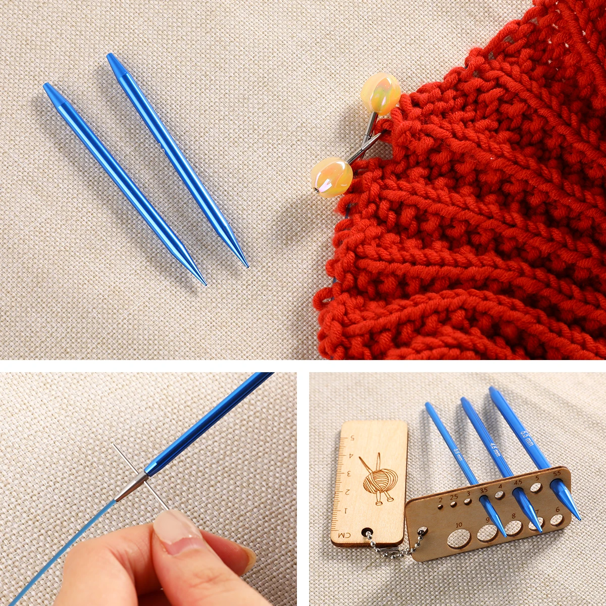 New 18PCS Interchangeable Crochet Needles Set Aluminum Circle Knitting Needles Blue Color Bag with Sewing Tool Accessory Gift