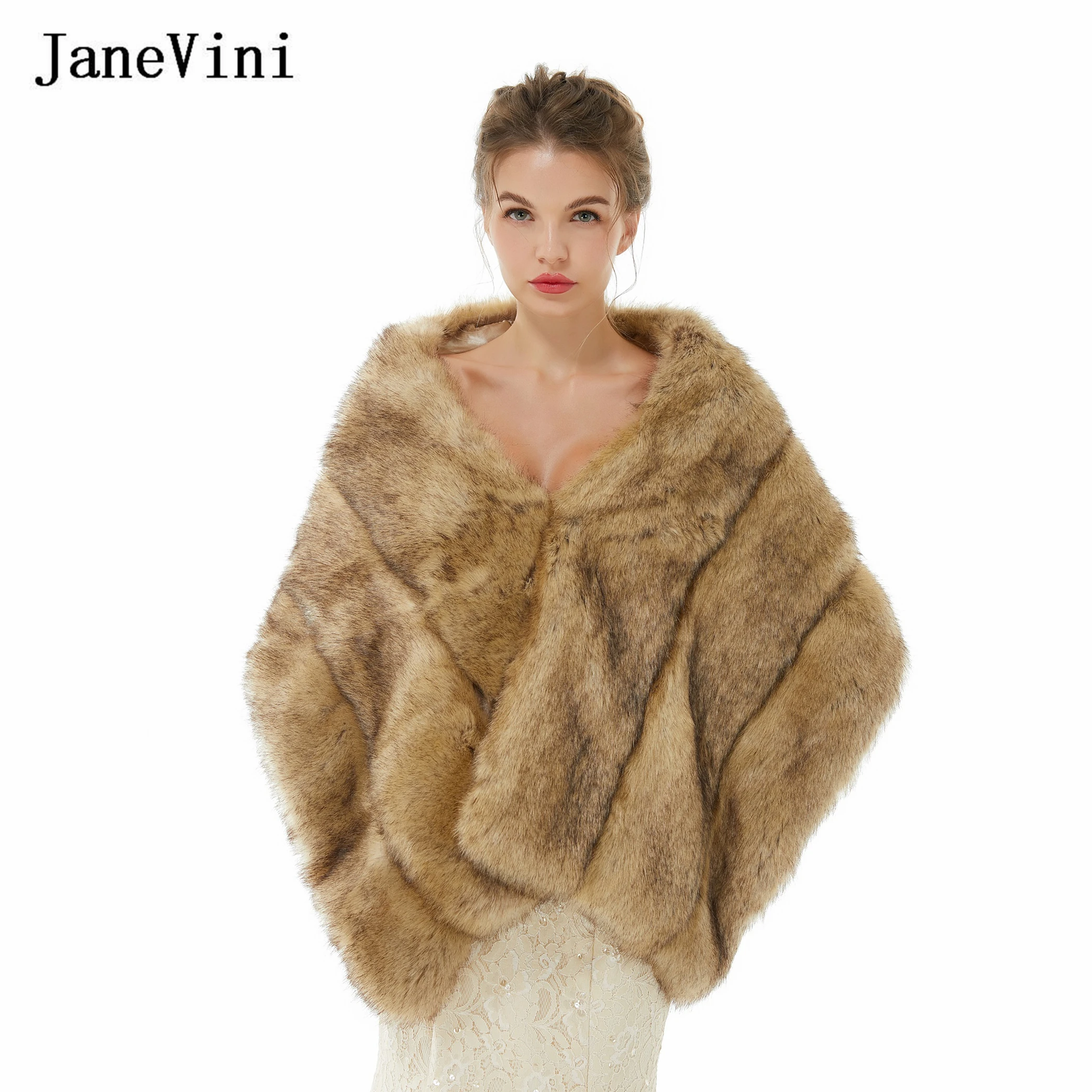 

JaneVini 2022 New Winter Women Imitation Fur Shawls Brown Wedding Faux Fur Wraps Cloak Bridal Bolero Jacket Evening Party Stoles