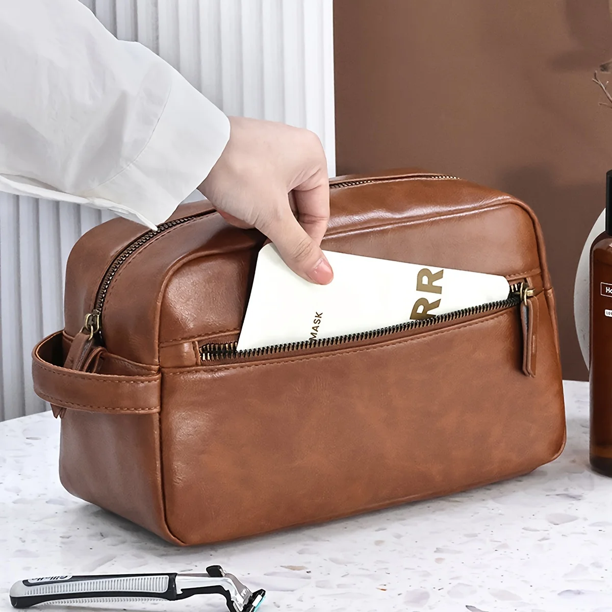 Men Business Travel Wash Toiletry Bag Waterproof PU Leather Bathroom Shaving Tools Organizer Bag Makeup Pouch Women Cosmetic Bag 4