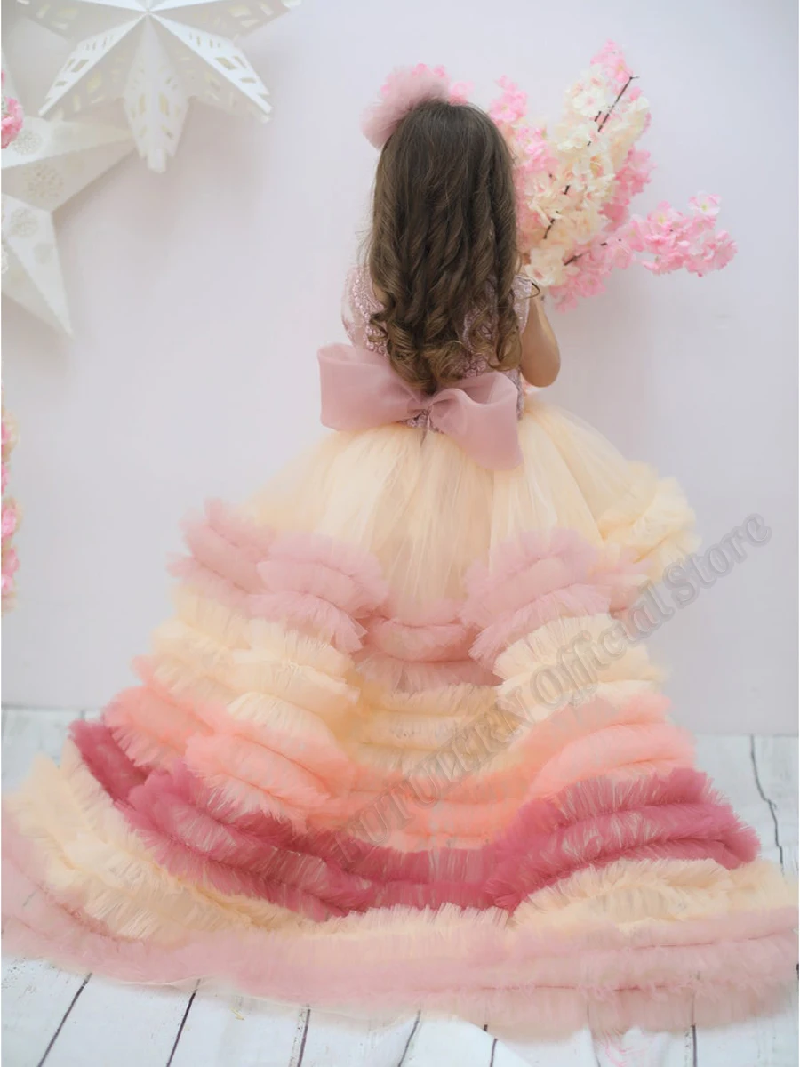 

Rainbow Pincess Flower Girl Dresses Ball Gown High Low Girls Couture Birthday Outfit Wedding Party Dresses Costumes Customised