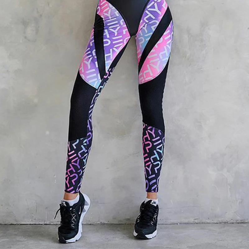 Krismile Women Sporty Jumpsuit Energetic Colorful Letter Print Patchwork Zipper V-Neck Long Sleeves Jumpsuits Sportwear