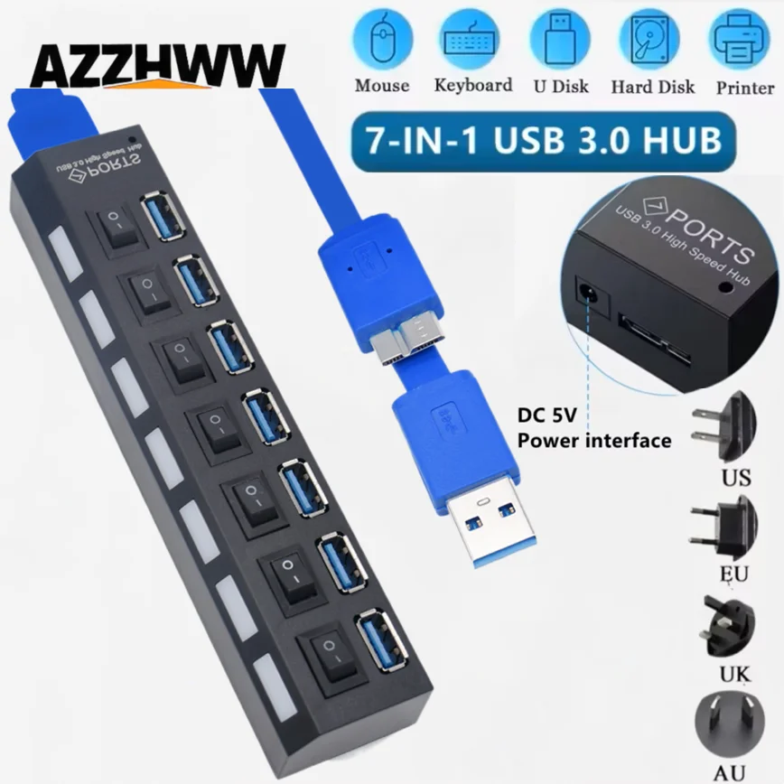 High-Speed 7-Port USB 3.0 Hub with Individual Power Switches and LED Indicators