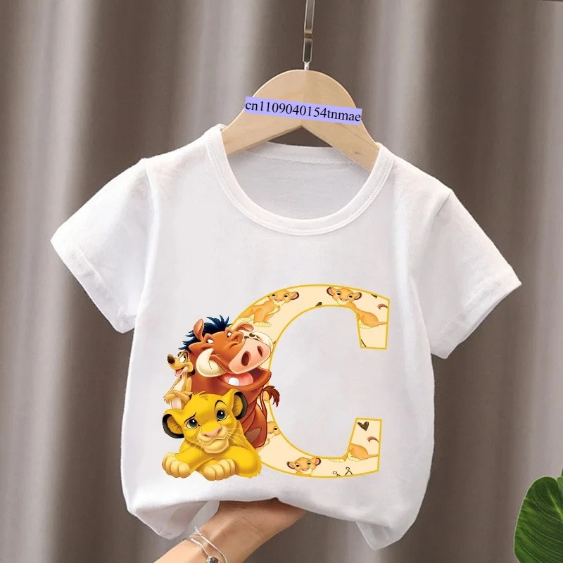 The Lion King Cute Simba Letter A B C Name Print Kids T-Shirts Girls Clothes Baby Boys Short Sleeve T Shirt Summer Children Tops 4