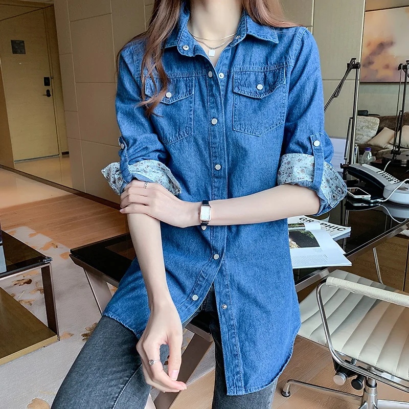 Women's Loose Denim Shirt with Long Sleeves New Spring and Autumn Thin Top Mid To Long Length Jacket and Outer Shirt 11968