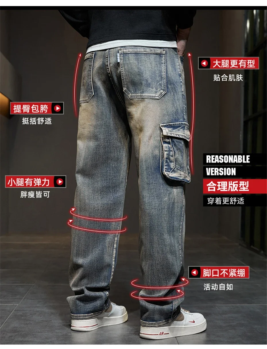 Description Picture 5 of item42 44 Plus Size Jeans Men Denim Pants Baggy Jeans Vintage Cargo Pants Loose Fashion Causal Trousers Male Big Size Bottoms