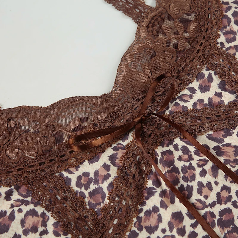 Y2k Leopard Lace Trim V-Neck Halter Tops Women Sexy Slim Hotsweet Bow Lace Up Tanks s New