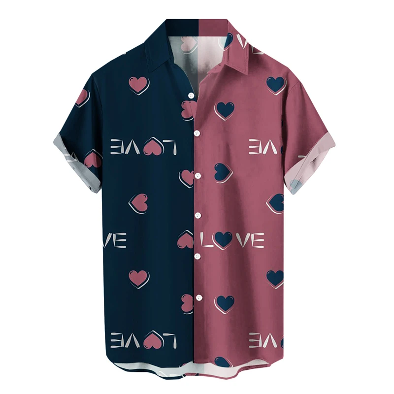 thumbnail image 1 of Camisa casual de moda para hombre con estampado 3D de patrón de amor y solapa estilo hawaiano, manga corta, ropa de playa transpirable, 1 of 5
