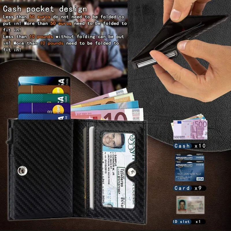 

Carbon Fiber Genuine Leather Aluminum Alloy Card Holder Multi-functional RFID Anti-theft Swipe Card Holder for Men