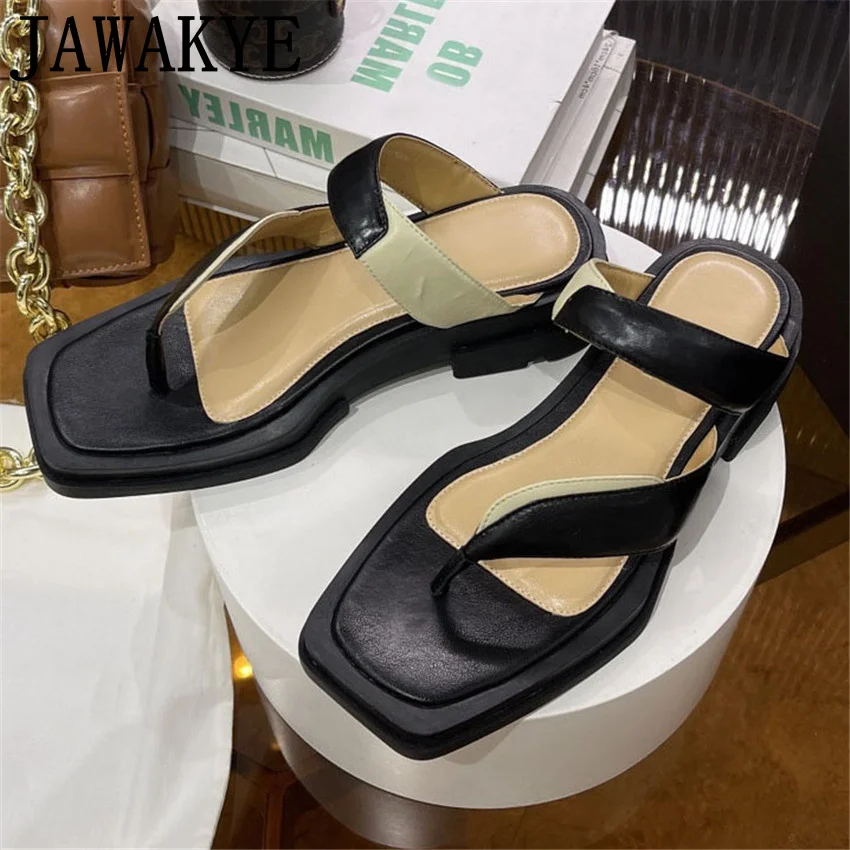 Genuine Leather Flipflops Woman Shoes Black White Square Heels
