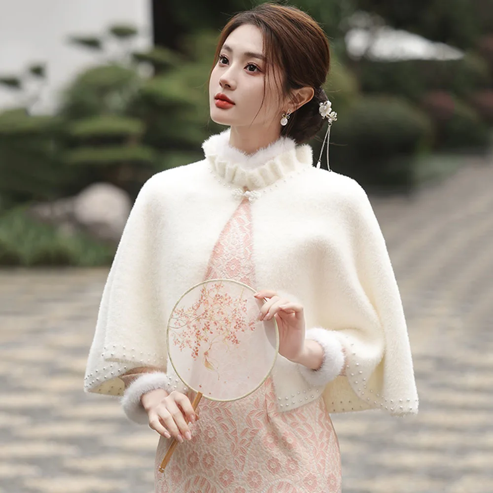 

2024 New Arrivals Wedding Qipao Cape Women's Autumn Winter Faux Mink Velvet Cloak Lady Fashion Beading Elegant Poncho Shawl Coat