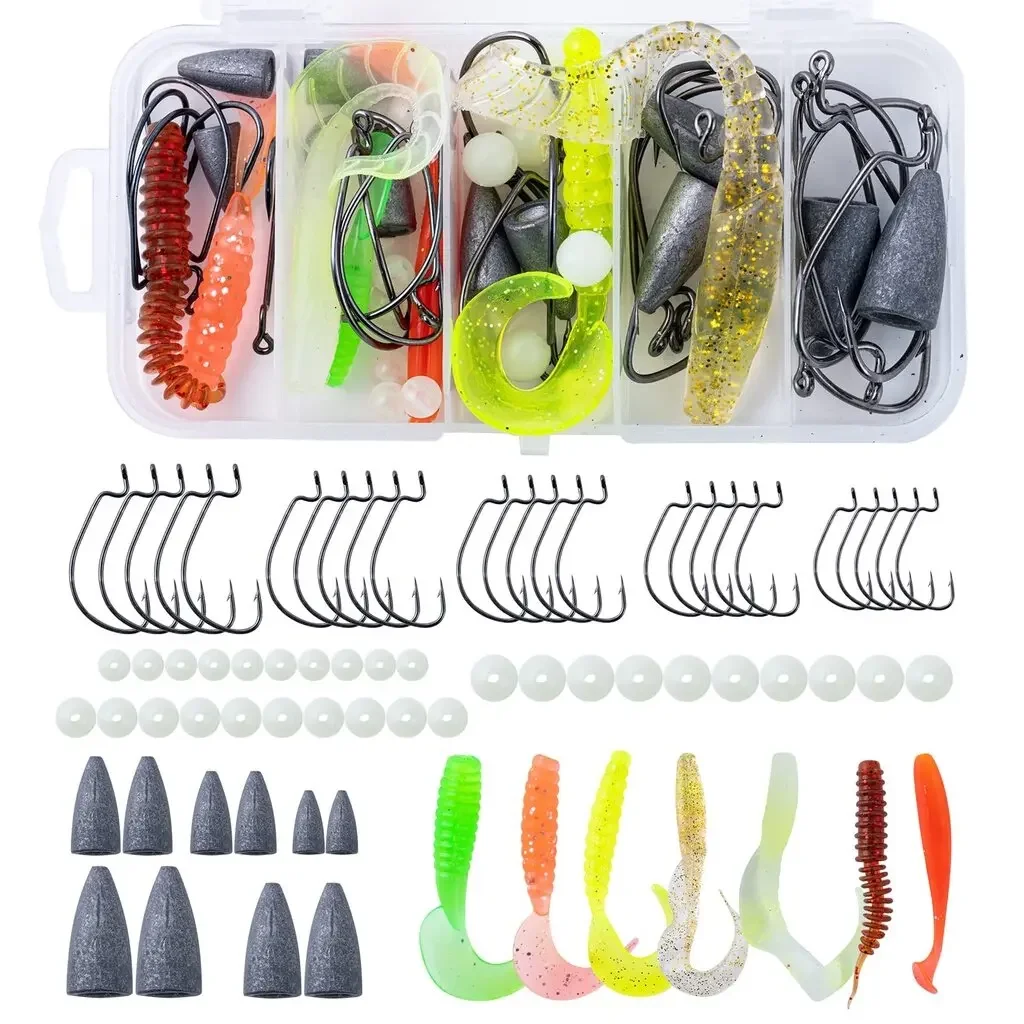 

Goture 67pcs 72 pcs/box Fish Bait Worm Set Artificial Lifelike Lure Fishing Crankbait With Sinking Hook Fishing Tackle