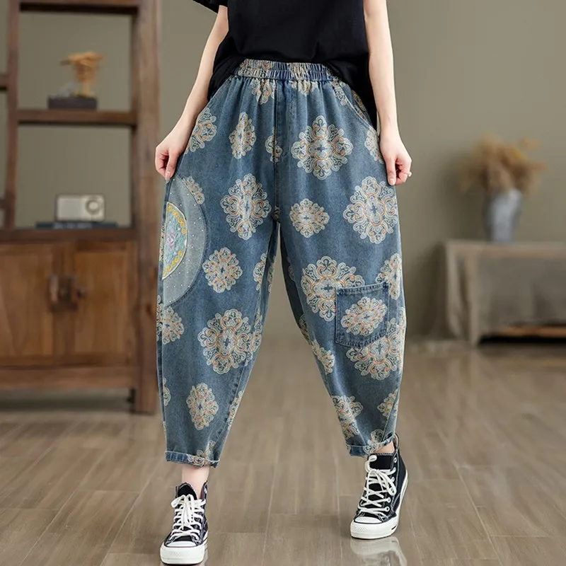 

Women Casual Boyfriend Jeans New Arrival 2024 Spring Vintage Style Streetwear Floral Print Loose Female Denim Harem Pants B3741