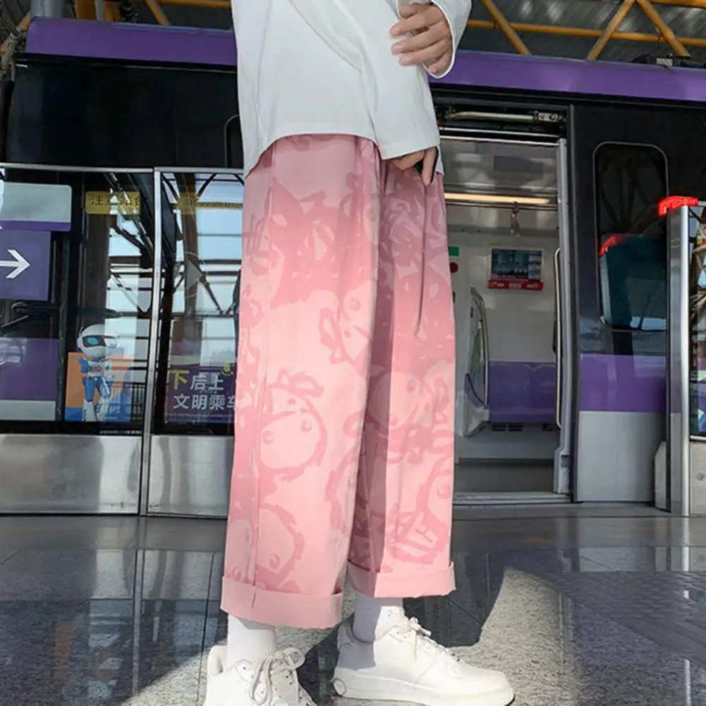 

Casual Pants Women Spring Summer Loose Wide Leg Elastic High Waist Loose Straight Trouser Cartoon Print Pants Japanese Design
