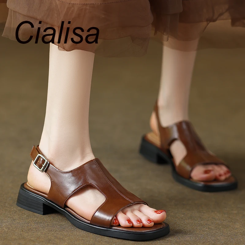 

Cialisa Sandals Women Shoes 2023 Summer Vintage Brown Genuine Leather Casual Handmade Daily Low Heels Sandal For Ladies Sizes 40