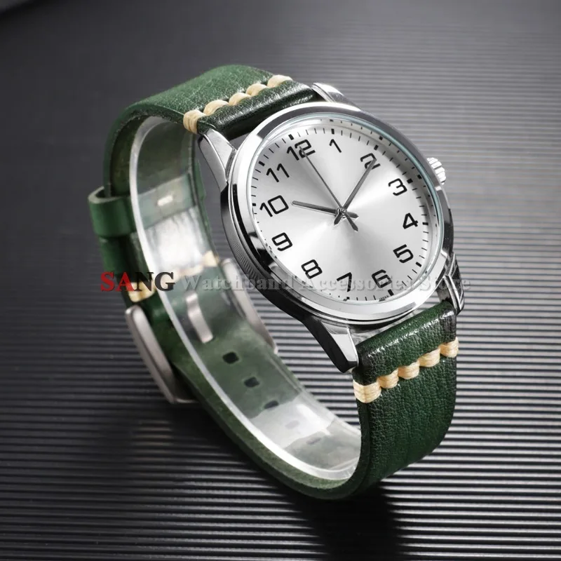 Vintage Retro Leather Watch Band with Quick Release and Stitching Details