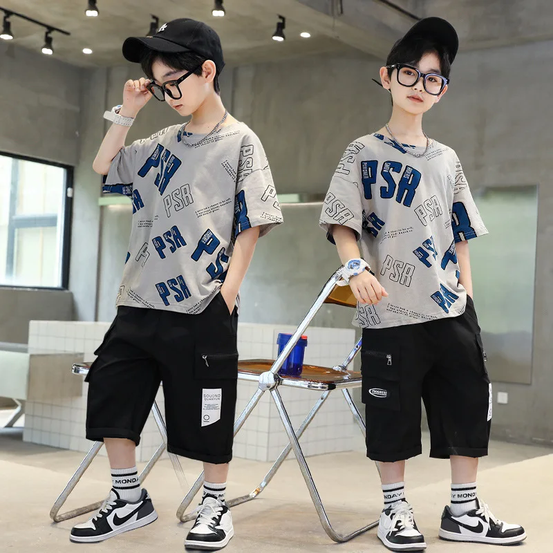 

2024 Summer Wear Thin Children's Fashion Alphabet Short Sleeve T-Shirt and Cropped Pants Two-Piece Set