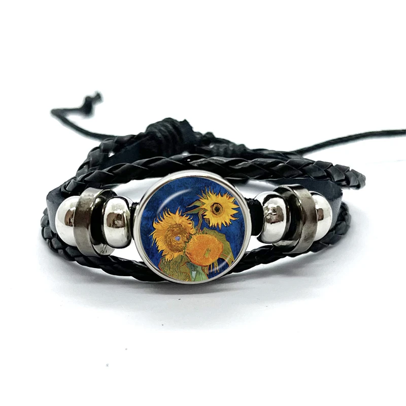 Classic Van Gogh Art Painting Series Bracelet Starry Night Sunflower Handmade Glass Leather Bracelets Men Women Gift 5