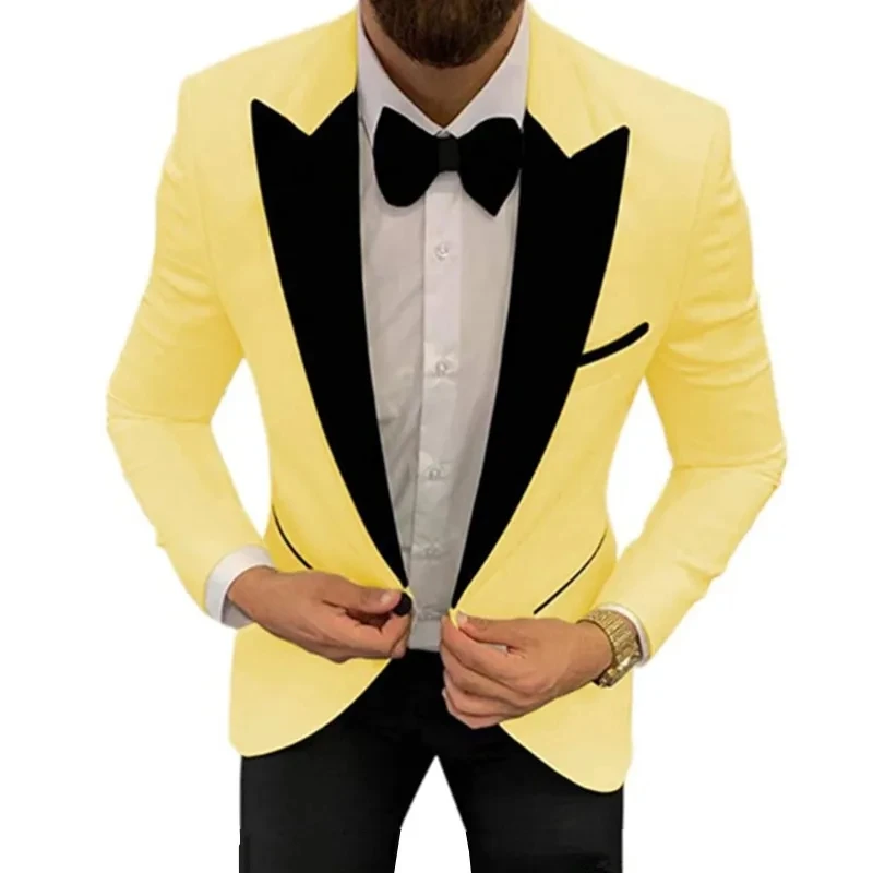 Fashion Men's Casual Business Single Button Suit 2 Pcs Set Male Slim Fit Suits Color Matching Collar Blazers Jacket Coat Pants