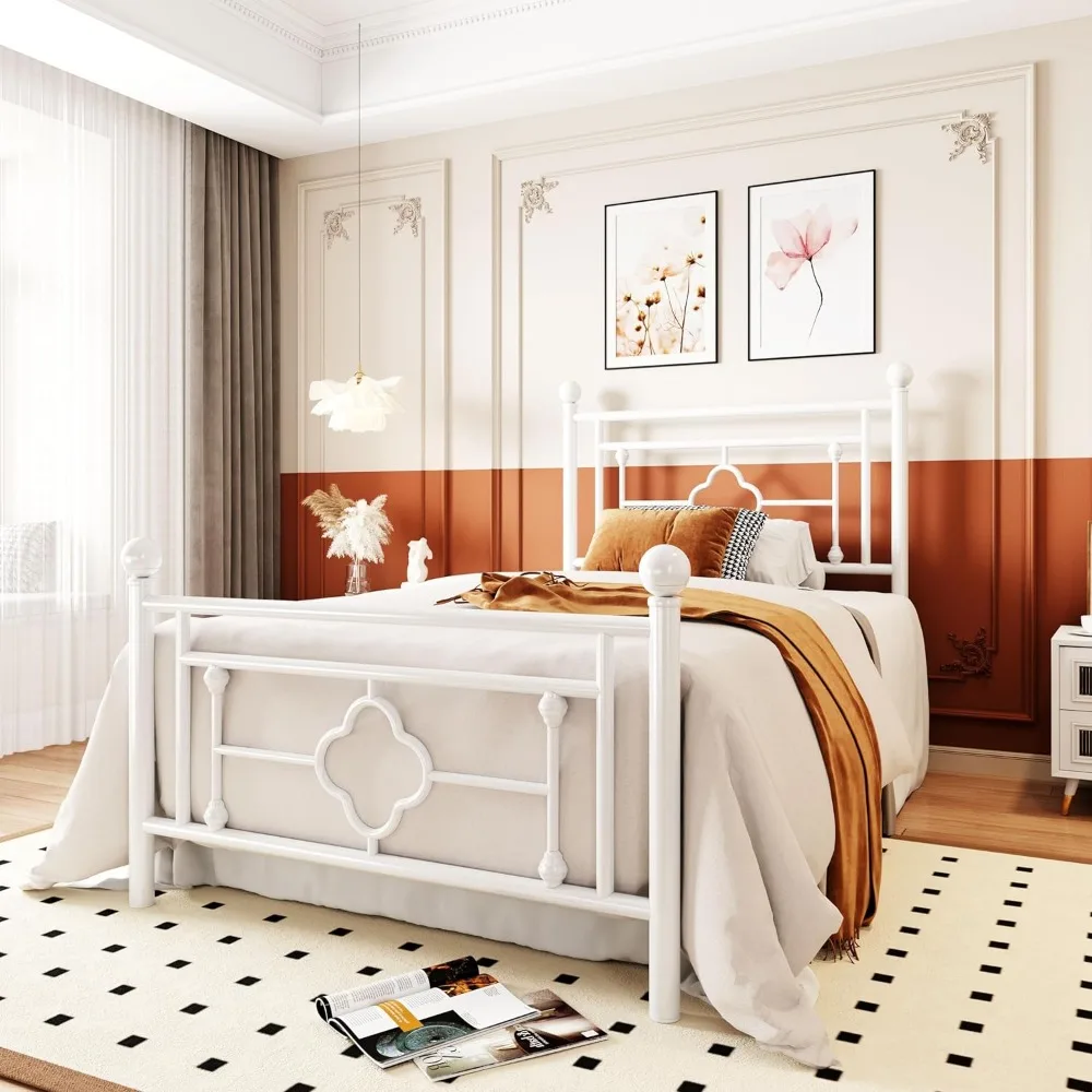 Twin Size Metal Platform Bed Frame with Victorian Vintage Headboard and Footboard Mattress Foundation Under Bed Storage