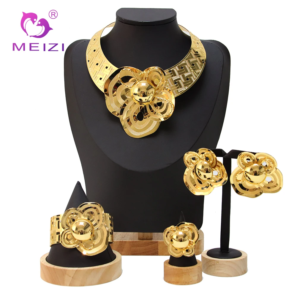 

MEIZI Je18k Gold Jewelry Sets for Women Large Pendant Necklace Earring Bracelet Ring Luxury Ladies Party Wedding Jewelry Set