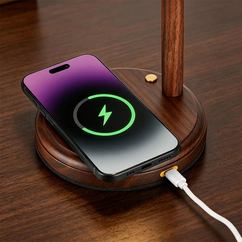 세라믹 데스크 램프, 15W Qi 무선 휴대폰 충전기, USB-C 전원, 3색 조명, 침실용 나무 테이블 램프