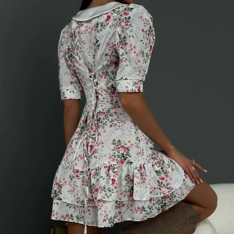 Printed Ruffled V-Neck Mini Dress Female Short Sleeve Fashion Slim High Waist Elegant Party Dress Women's Summer Dress New
