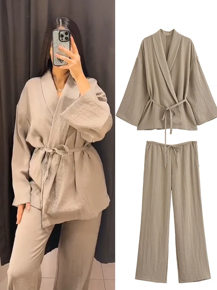 Minimalist Stand-up Collar Ribbon Back Lace-up Shirt and Wide Leg Pants Set-Shirt