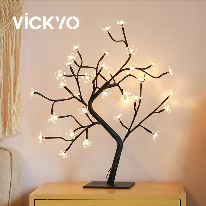 

VICKYO LED Sakura Tree Desk Light Fairy Night Light Copper Wire Bedroom Table Lamp USB 24/36/48led For Home Wedding Nordic Decor