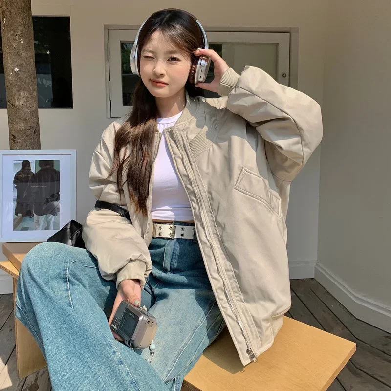 

Women Bomber Jacket Spring Autumn Double Collar Pocket Zipper Oversized Jacket Outdoor Sportswear Chic Outerwear Long Sleeve