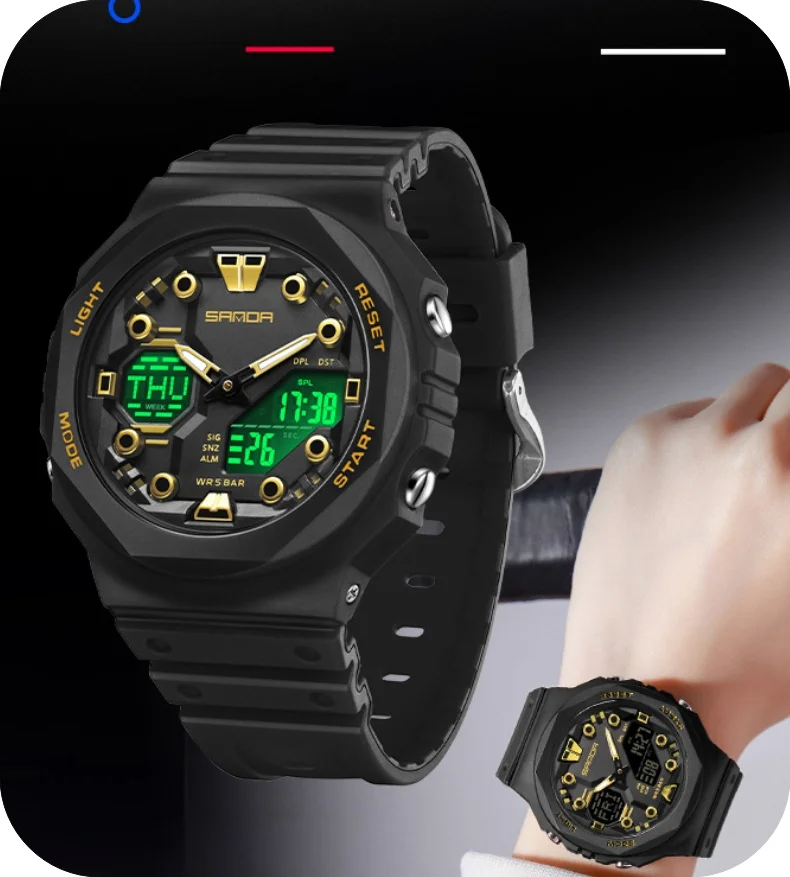 SANDA 6200 Stopwatch Wristwatch Alarm LED Light Digital Watches Men's Sports Watch Military Watches Men Watch 50M Waterproof 3