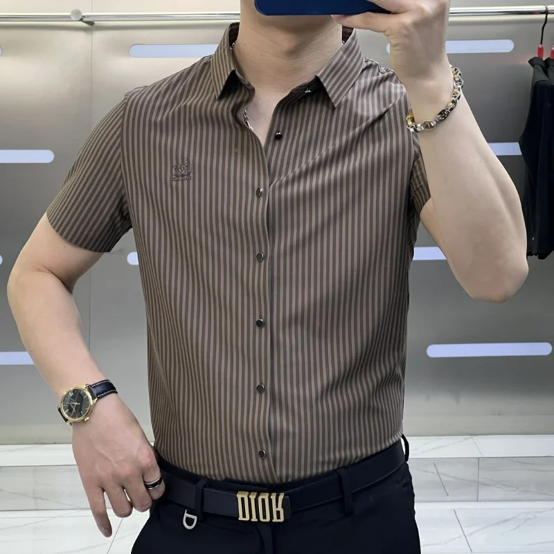 Summer Light Fashion Trend Smart Casual Temperament Versatile Short Sleeve Shirt Men's Lapel Button Embroidery Print Striped Top