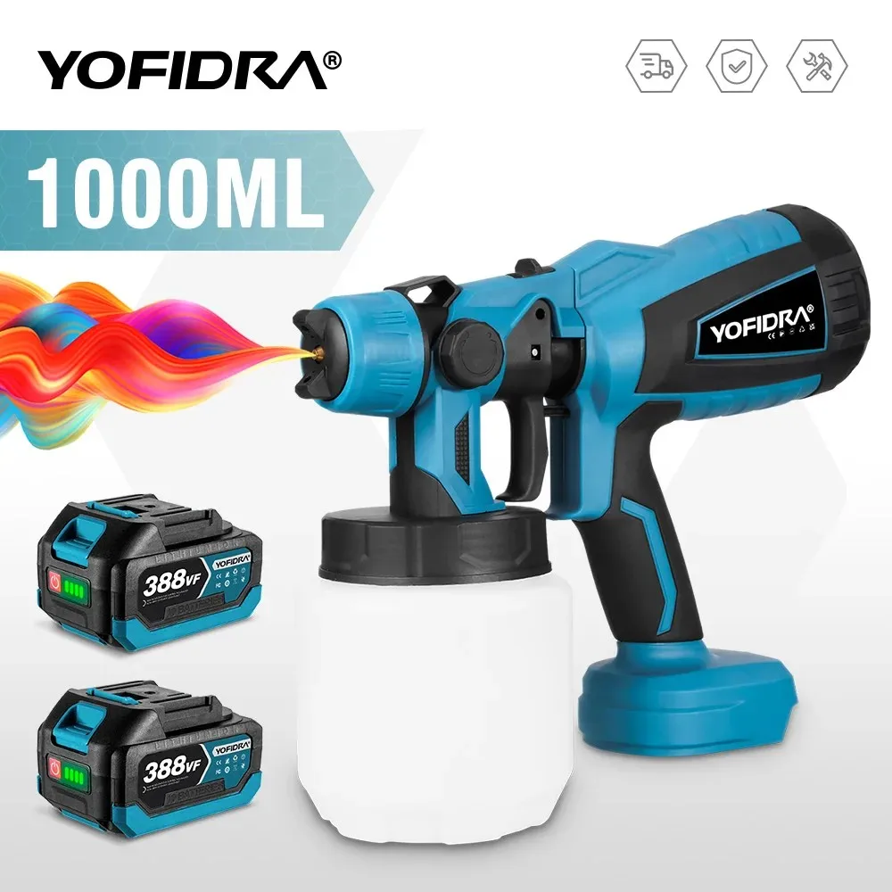 YOFIDRA Electric Spray Gun 1000ML, powerful portable cordless paint sprayer for furniture coating compatible with Makita 18V battery pin
