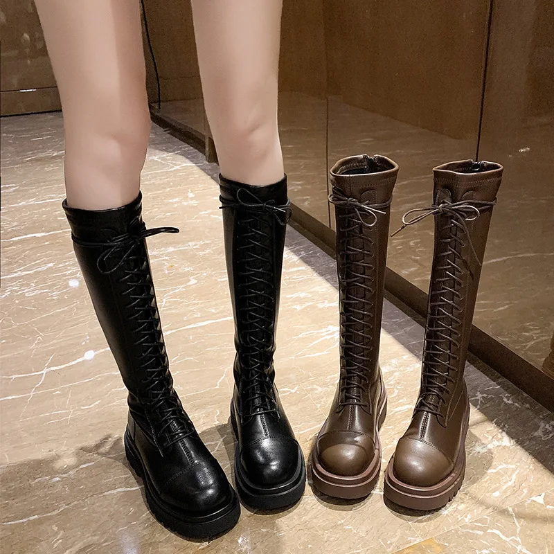 

Женские сапоги с круглым носком, осенняя женская обувь, сабо на платформе, зимняя обувь, сапоги-Женские привлекательные сапоги на шнуровке, на высоком каблуке, L