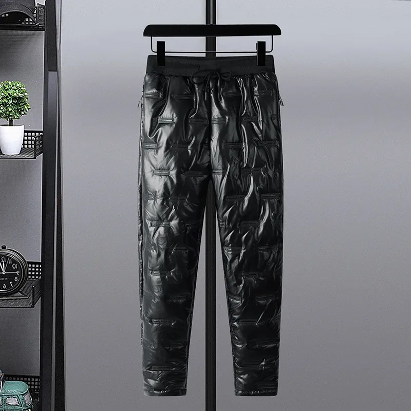 Down Cotton Pants for Men's Outerwear, Fashionable, Winter Thickened, Casual, and Oversized, Warm and Glossy Pants Trend
