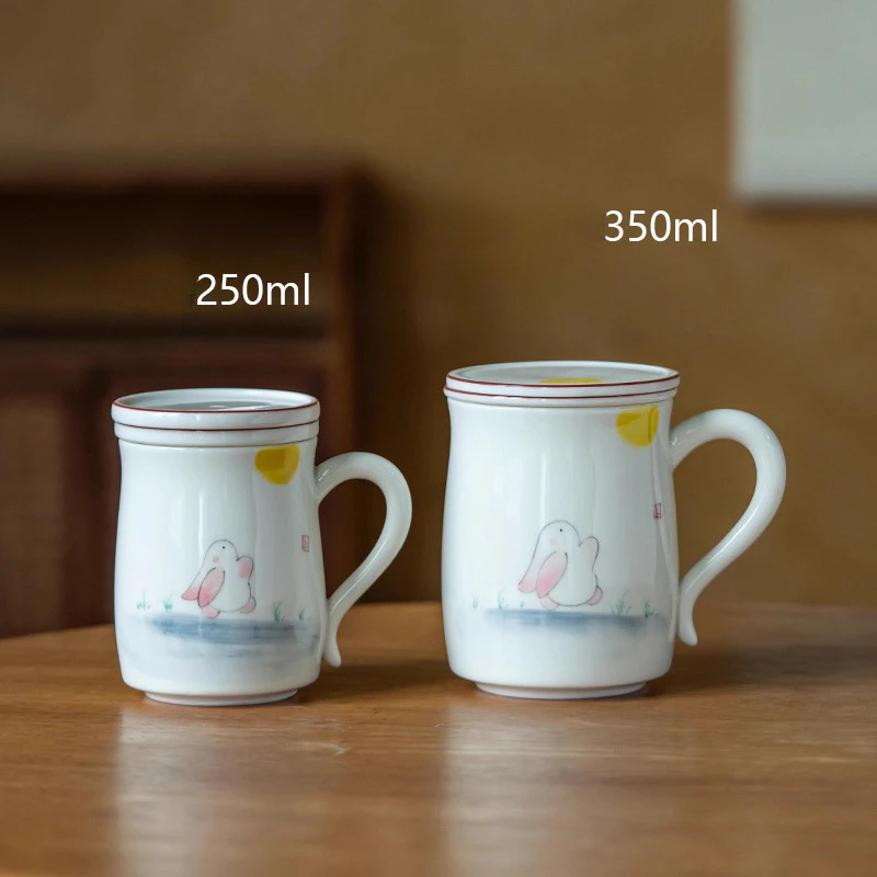 Chinese Style Ceramic Hand drawn rabbit Mugs, Home Personal Office Creative Teacup With Cover Filtered Tea Water Separation, 1Pc