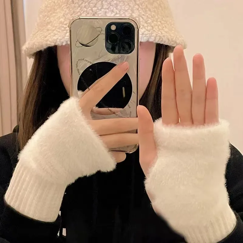Fleece Fingerless Gloves Mink Fleece Half Finger Gloves For Women Soft Winter Warmth Solid Color Plush Knitted