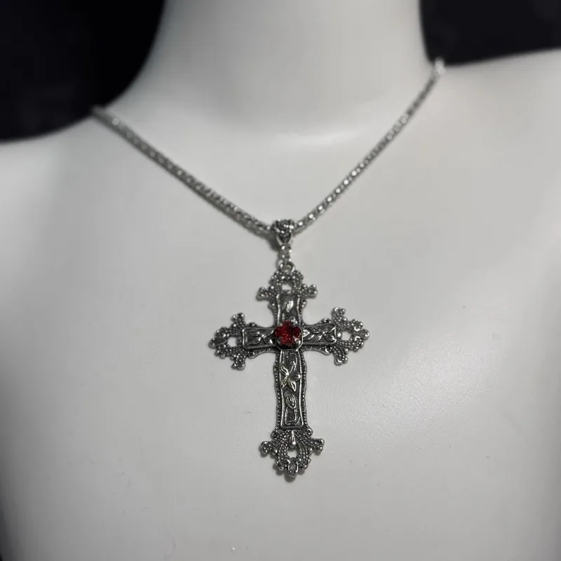 Gothic Black Red Ruby Cross Pendant Necklace for Women Vintage European and American Retro Simple Choker Fashion Jewelry Gifts