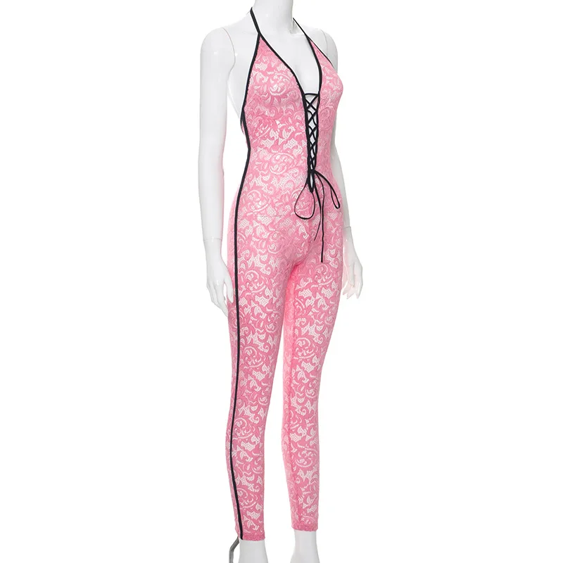 Women Sexy See Through Hollow Out Bandage Lace Jumpsuit 2024 Spring Deep V Neck Halter Backless Slim Party Clubwear Overalls
