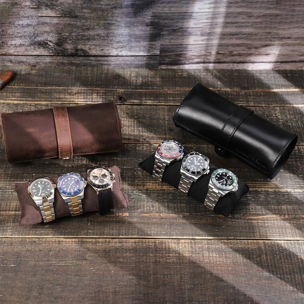 CONTACT'S FAMILY Genuine Leather Watch Roll Case Organizer 3 Slots Watch Travel Portable Holder For Men Women Vintage Gift Box watch storage box