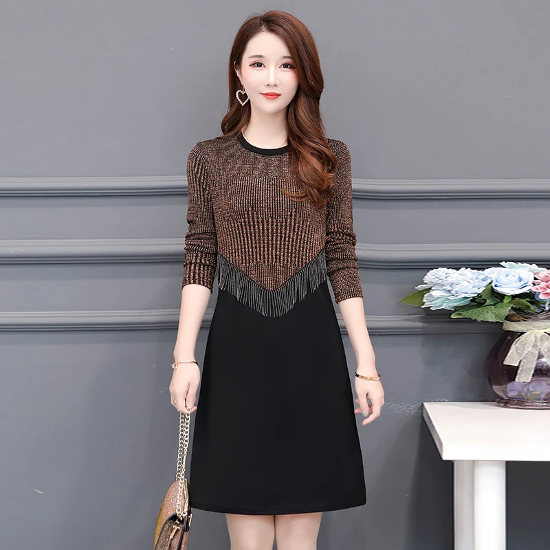 Autumn Winter Sweater Knited Dress Women Midi Robe Vintage Long Sleeve Shiny Sequined Tassel Party Dress Loose Casual Vestidos