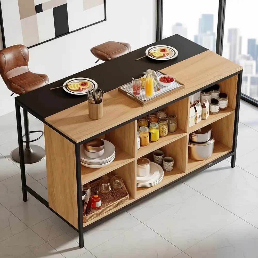 Modern 62 Kitchen Island with Seating, Breakfast Bar, and 6 Cube Storage for Dining & Kitchen Area