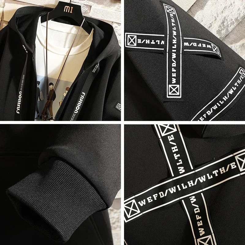 Customizable Spring Autumn Men Hooded Jackets Print Windbreaker Ribbon Overcoat Male Casual Outwear Hip Hop Streetwear Coats trench coat warmth coat waterproof windbreaker jacket casual men jacket outdoor jackets