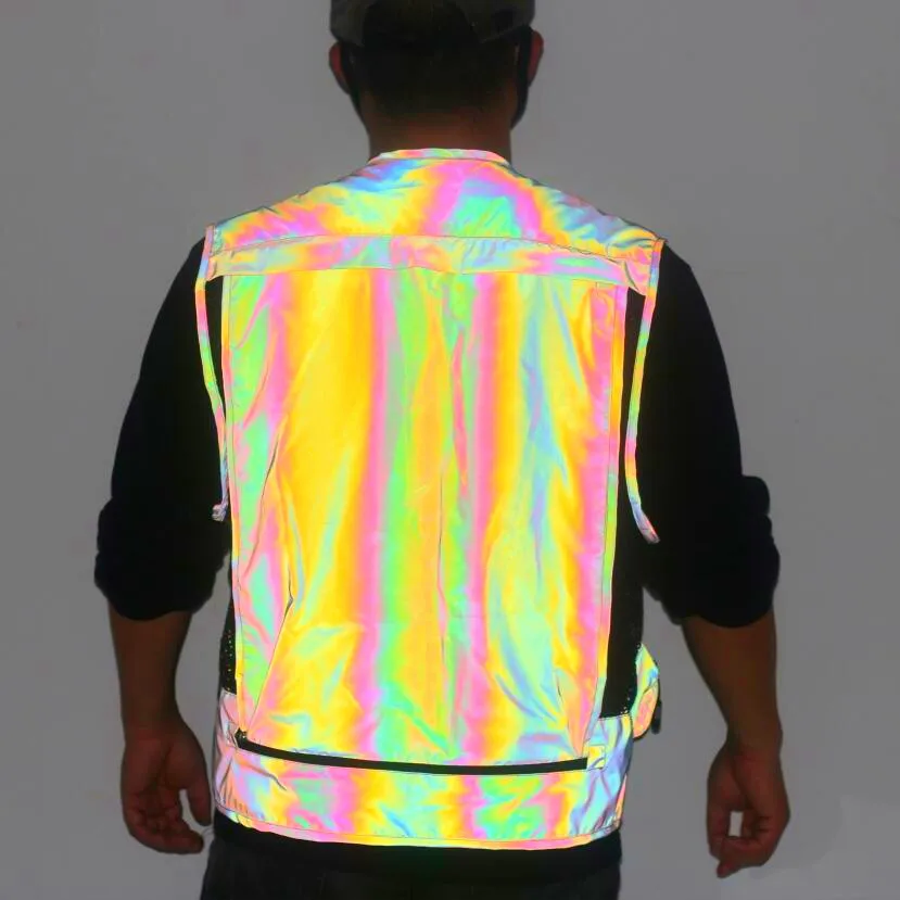 Techwear Rainbow Color Hip Hop Reflective Vest Mesh Multi-pockets