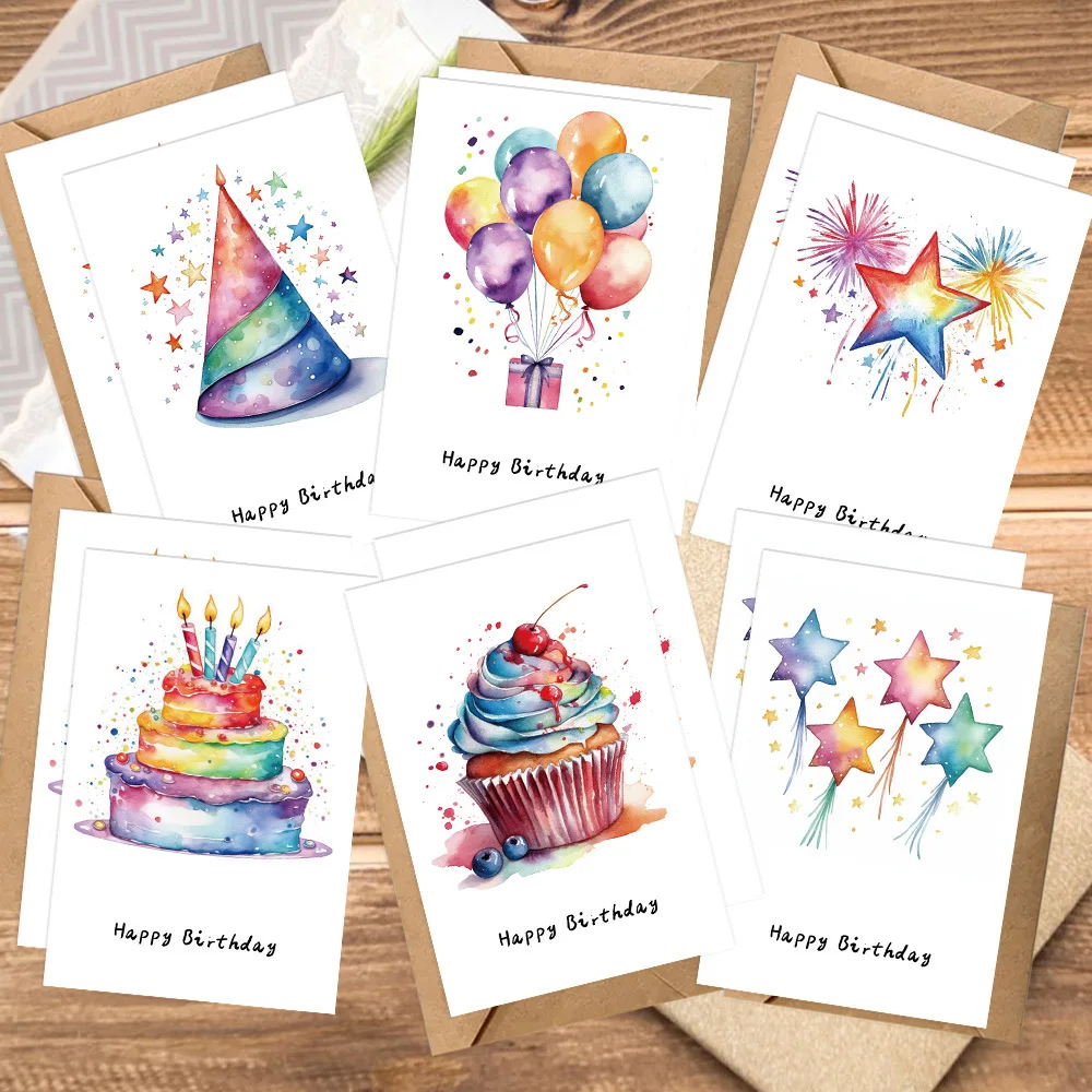 24pcs Watercolor Birthday Cards Birthday Party Decoration Kids Favors Greeting Cards Wedding Birthday Baby Shower Party Supplies