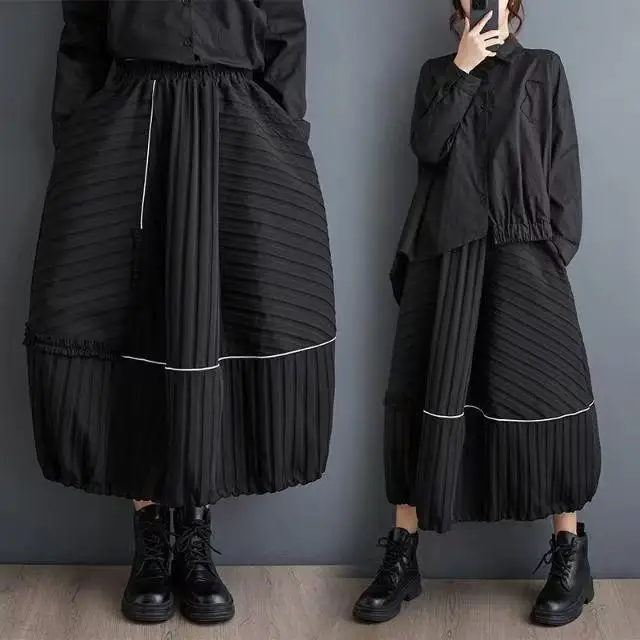 

Women's Black Vintage Stripe High Waist Skirt, Loose Casual Long Skirts Elegant Clothing, Spring, Autumn, New Fashion, Plus Size