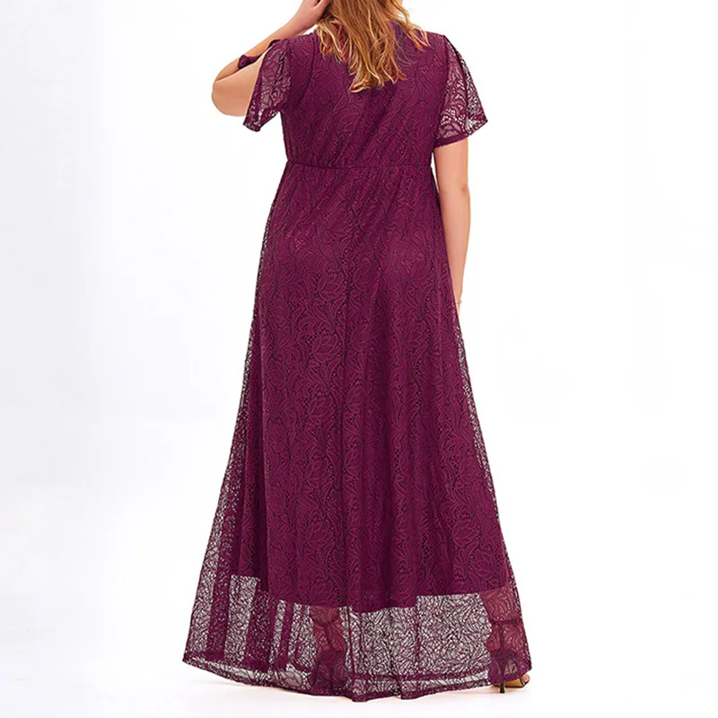 Elegant V-Neck Lace 3/4 Sleeve Loose Robe Lady Summer Evening Party Hook Flower Hollow Wine Red Plus Size Maxi Dresses for Women