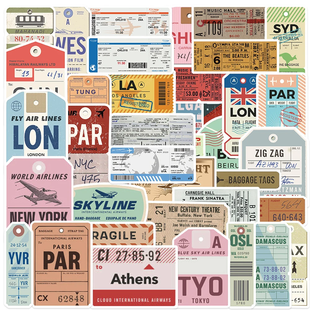 

10/20/40pcs Vintage Boarding Pass Air Tickets Stickers Cartoon Graffiti Decals Laptop Skateboard Car Phone Waterproof Sticker