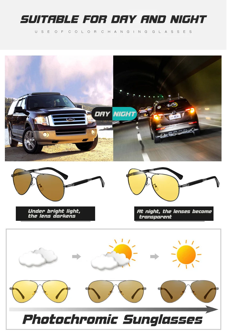 LIOUMO Klassische Piloten-Sonnenbrille, Nachtsicht-Photochrome Brille, polarisiert, für Herren, blendfrei, gelbe Fahrbrille, Gafas De Sol – Detail 2